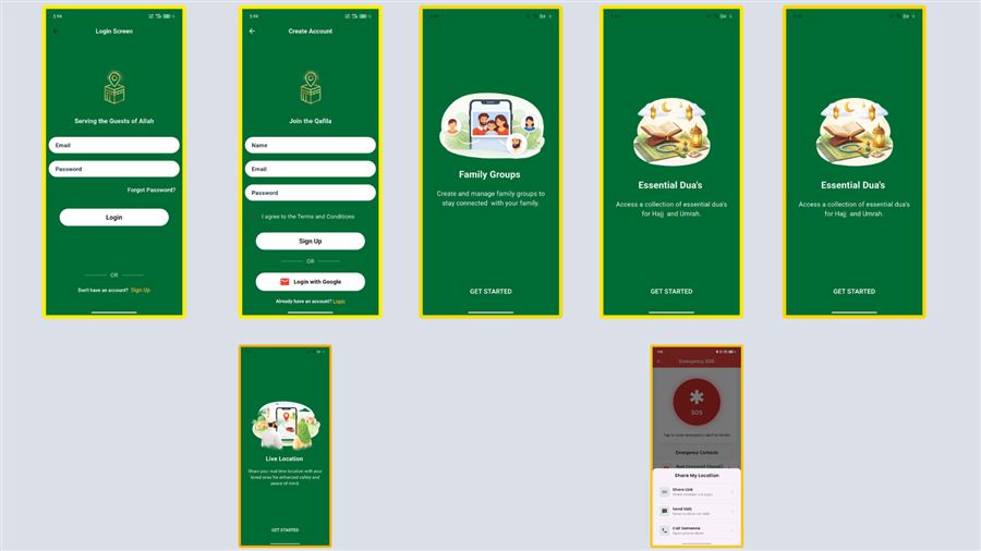 Qafila app screens showing the Hajj and Umrah companion features