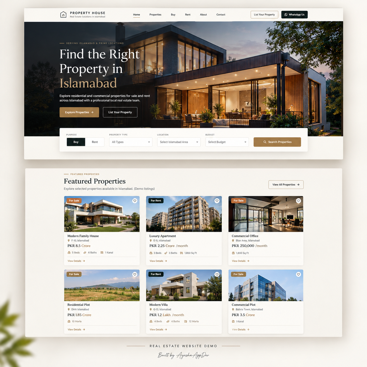 Real Estate Website homepage with property search