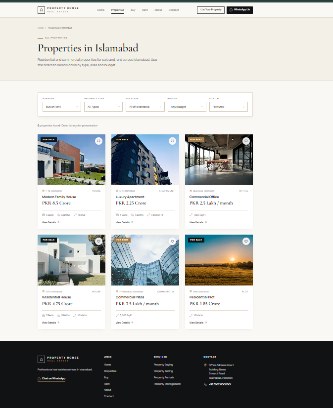 Real Estate Website properties listing page with filters