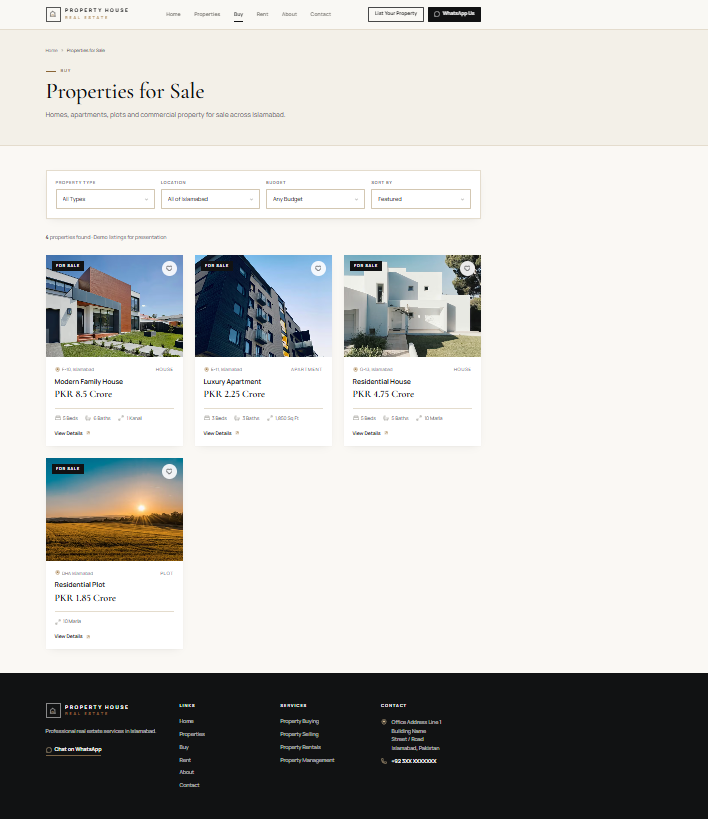 Real Estate Website properties for sale page