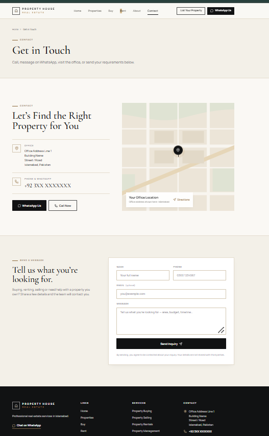 Real Estate Website contact and inquiry page
