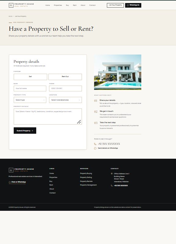 Real Estate Website list your property page