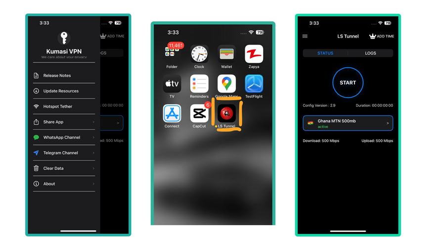 Kumasi VPN app screens showing the connection dashboard