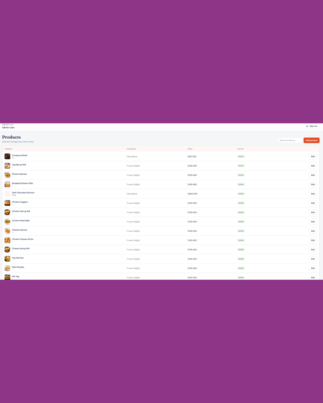 Yummez Admin Panel products management