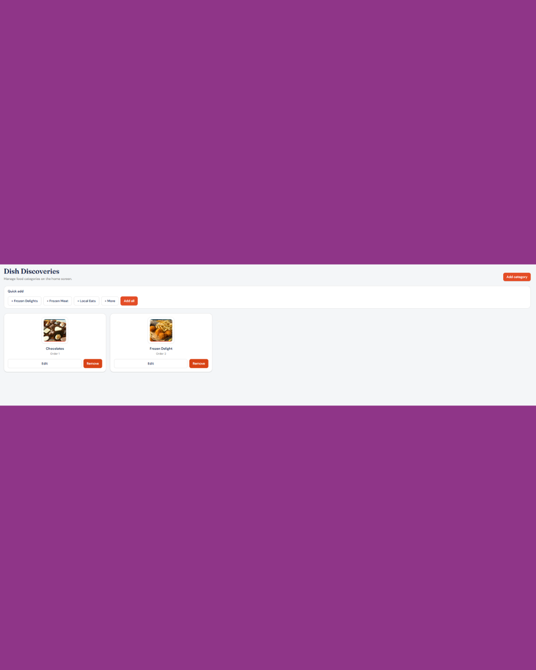 Yummez Admin Panel dish discoveries / category management