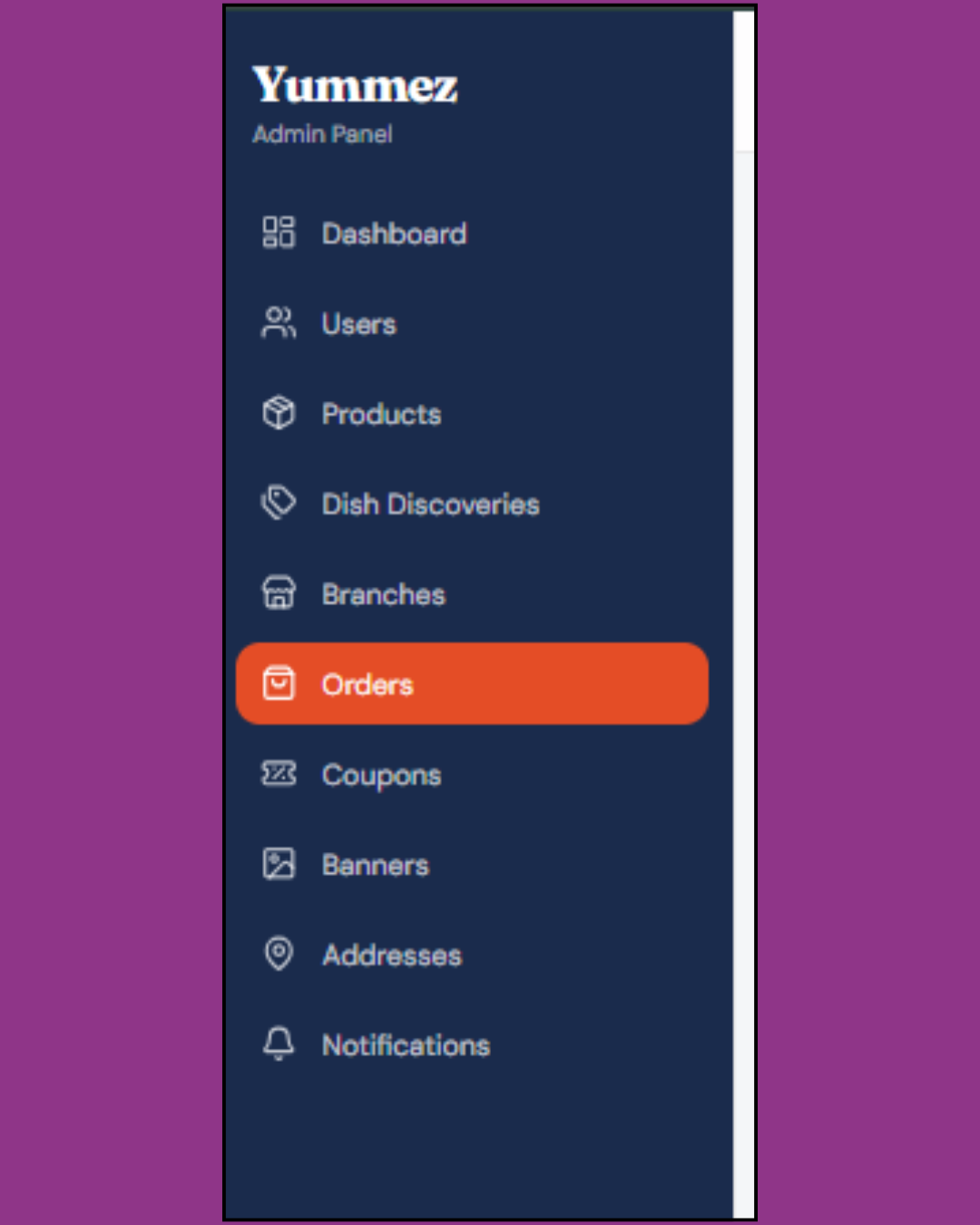 Yummez Admin Panel navigation menu