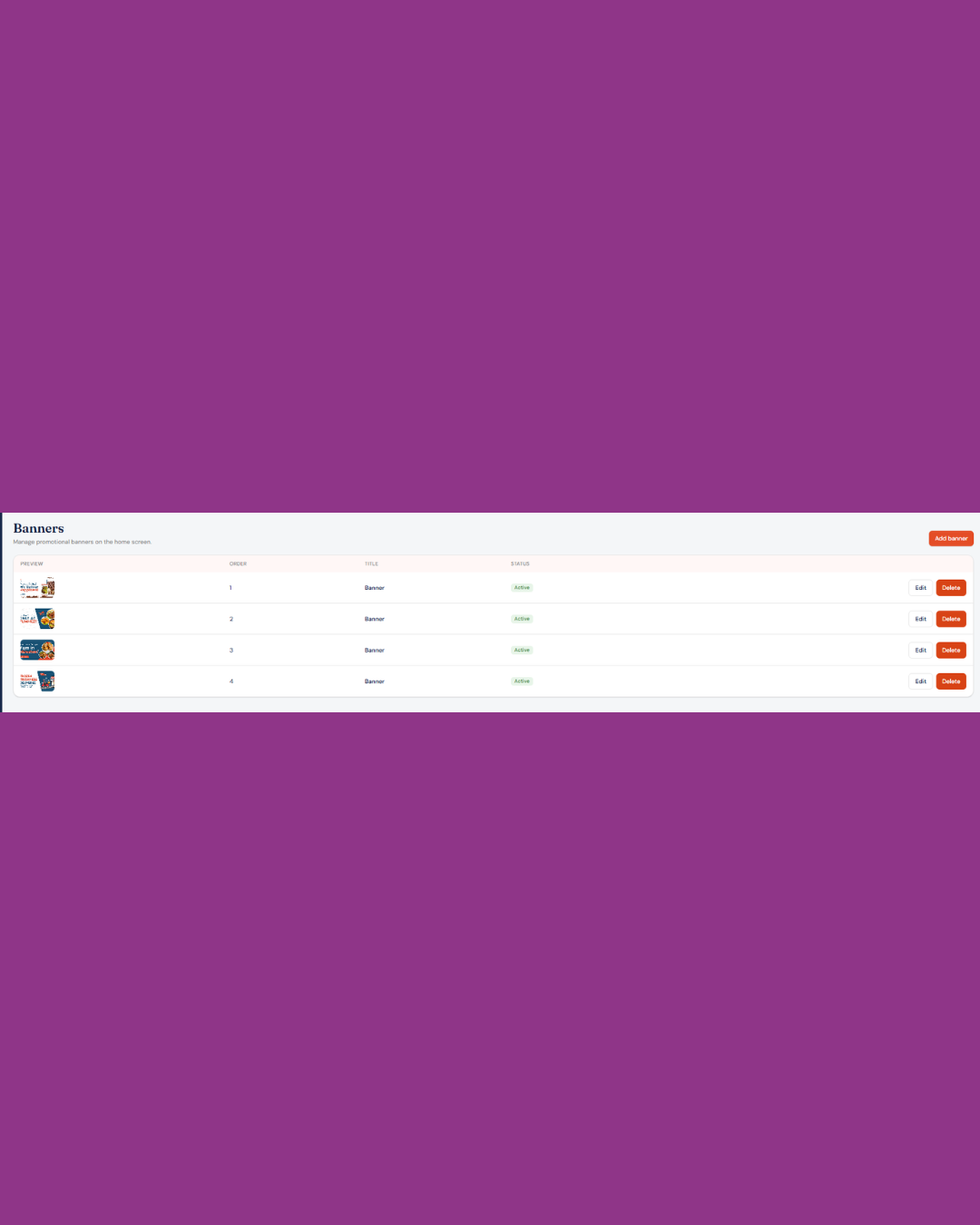 Yummez Admin Panel banners management