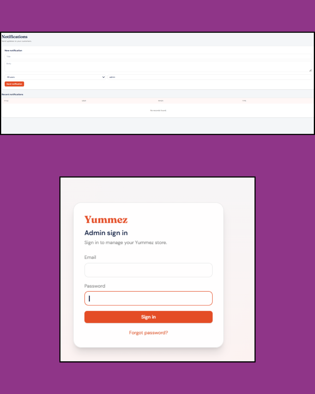 Yummez Admin Panel notifications and admin sign in