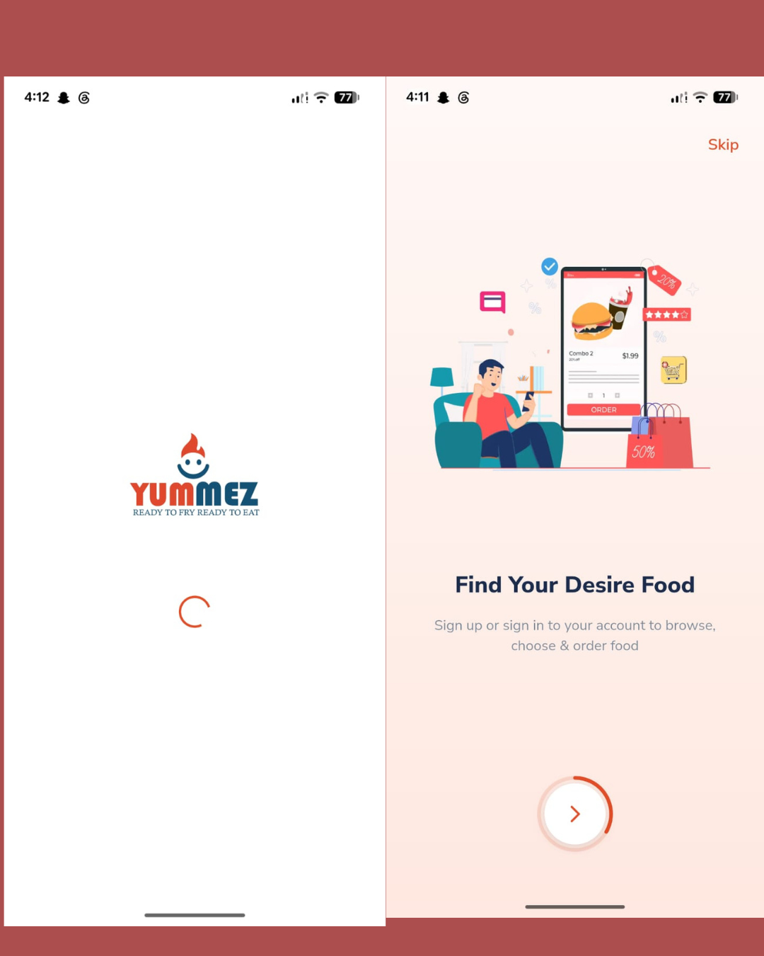 YUMMEZ splash screen and welcome onboarding screen