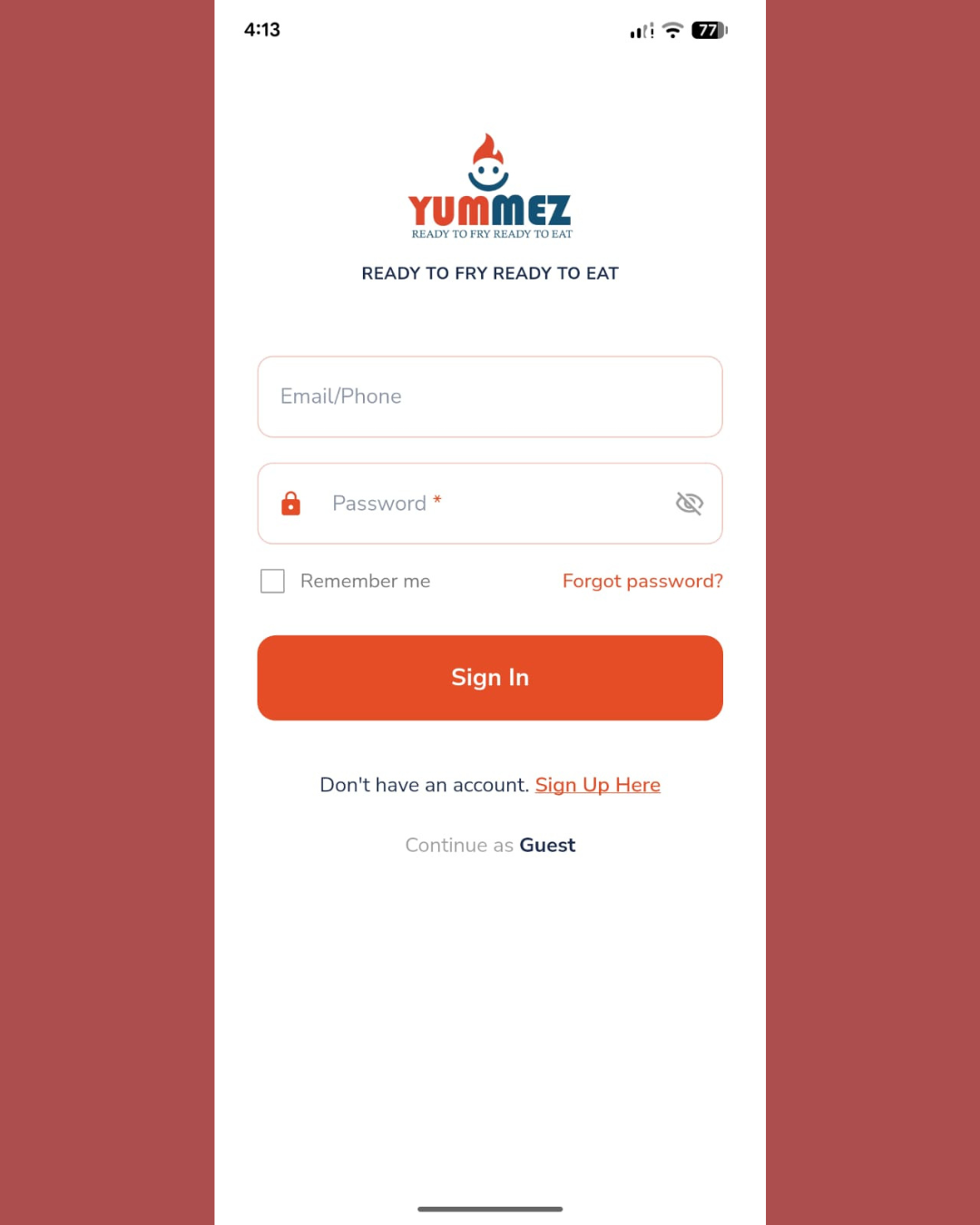 YUMMEZ sign in screen
