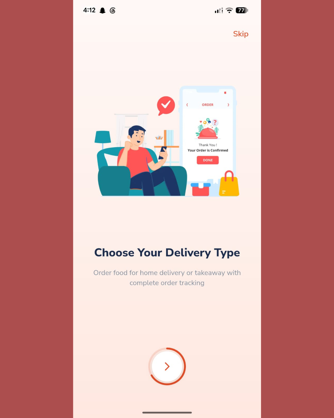 YUMMEZ onboarding delivery type screen