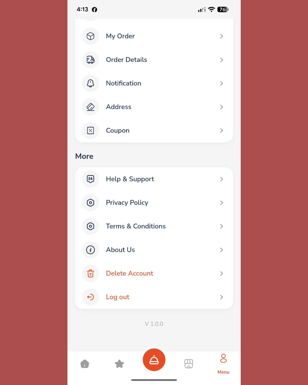 YUMMEZ account menu, more options